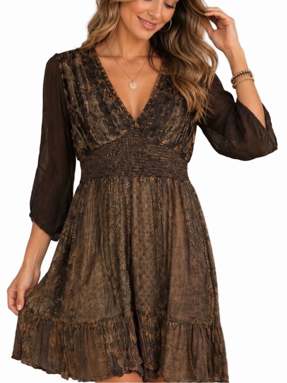 Young Threads Bohemian V-Neck Velvet Smocked Waist Dress - Picture 4 of 10